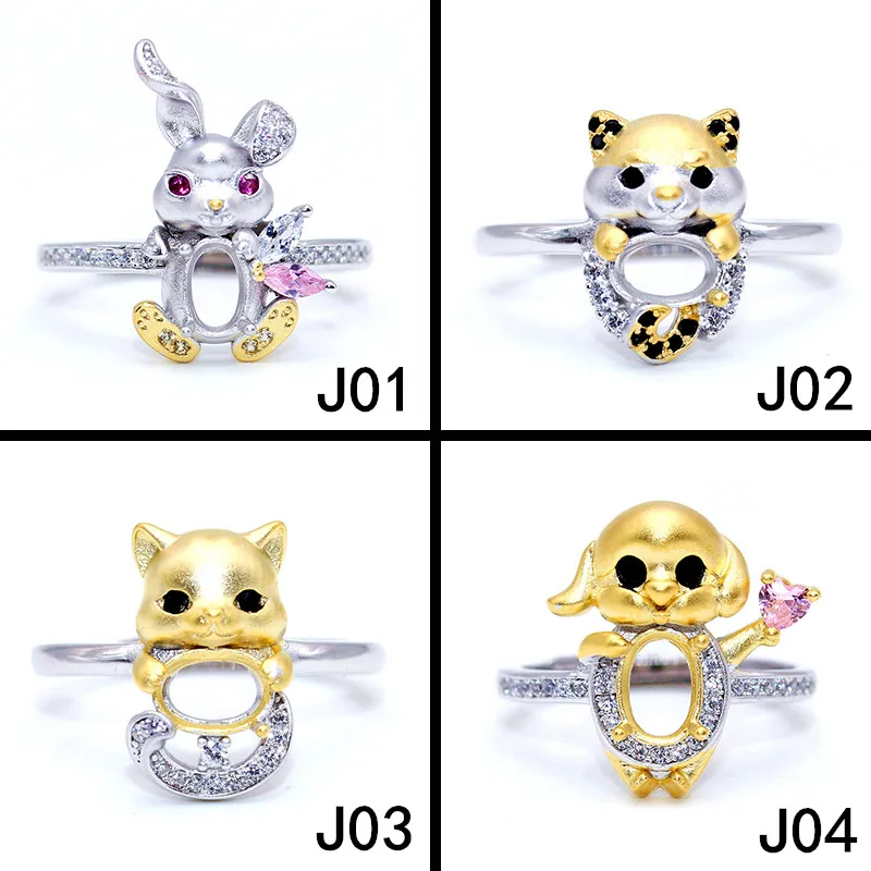 

Secret Garden S925 Silver Animal Ring Setting, Rabbit/Bear/Cat/Pig, for 4×6–5×7mm Stones, DIY Blank