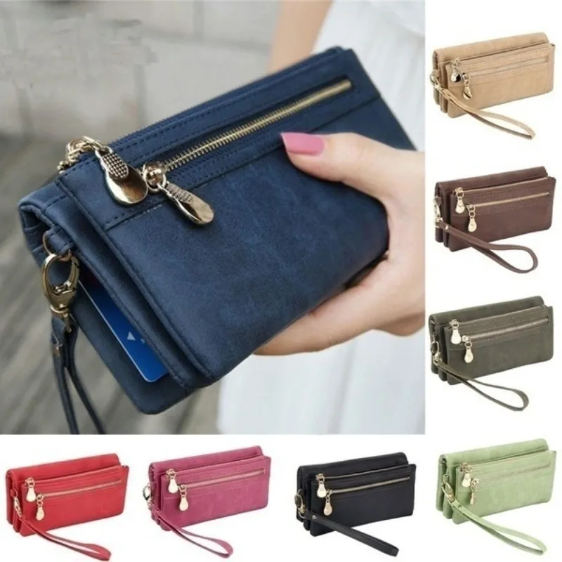 

Fashion Women Wallets Dull Polish Leather Wallet Double Zipper Day Clutch Purse Wristlet Handbags