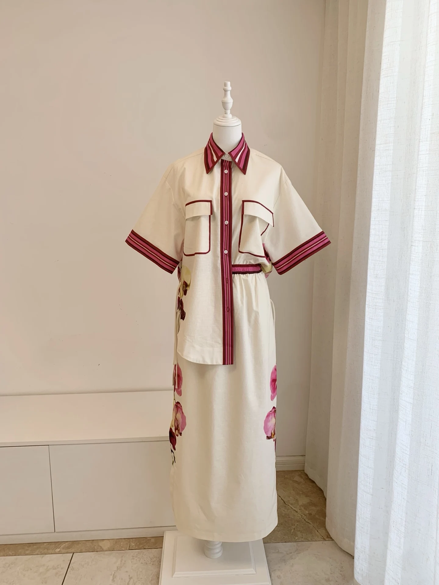 Women Cotton linen blend fashion set short sleeve casual shirt tops + high waist lace-up midi skirt