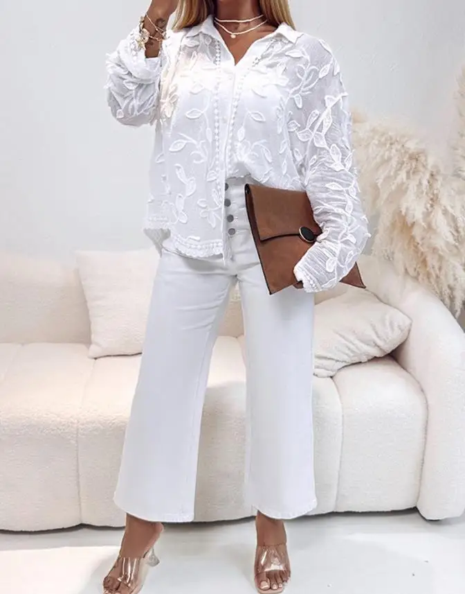 Woman Blouse 2025 Spring New Turn-Down Collar See Through Lace Embroidery Blouse Casual Loose Fit Jacquard Long Sleeve Shirt