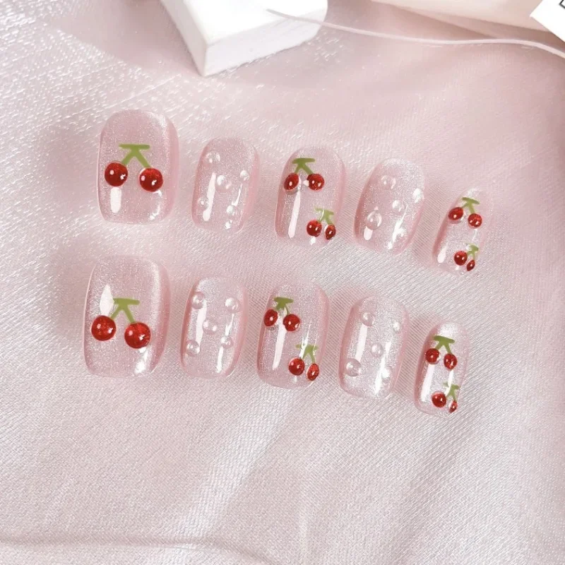 

10Pcs Handmade Reusable Full Cover Nail Tips Short Square Pink Cat Eye Press-On Nails with Cherry Design for Girls Daily Wear