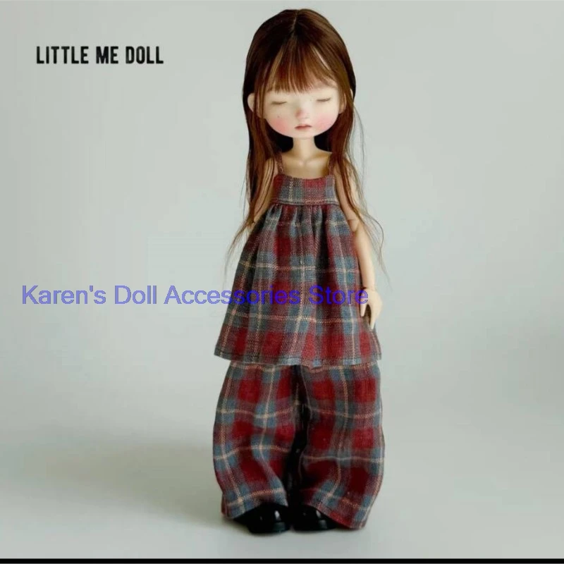 2pcs leisure style grid cotton and linen strap dress+pantsfor landoudou/Blythe(Fit for Lulu,ymy24,Ob22,24,26,zone, Jenny)