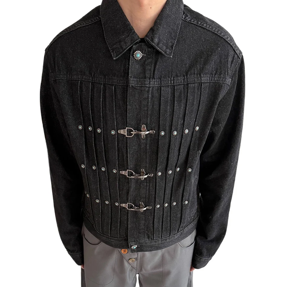 سترة قصيرة من قماش الدنيم بإبزيم على شكل طائرة للرجال ملابس خروج عصرية هيب هوب فيروزي بأزرار جينز للجنسين معطف رعاة البقر للربيع والخريف #3