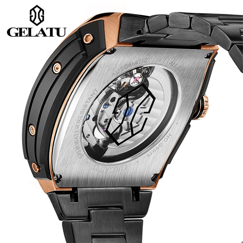 GELATU Brand Luxury Multifunctional Tourbillon Watch for Men Waterproof Luminous Fashion Black Steel Case Mechanical Watches