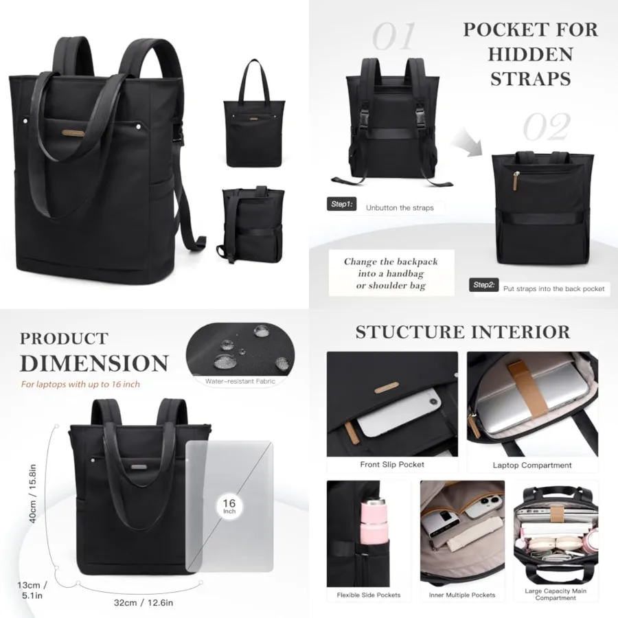 

Convertible Laptop Backpack for Women Men Carry on Tote Backpack Teacher Bookbag for College Work Nurse Travel Leisure, 16 Inch