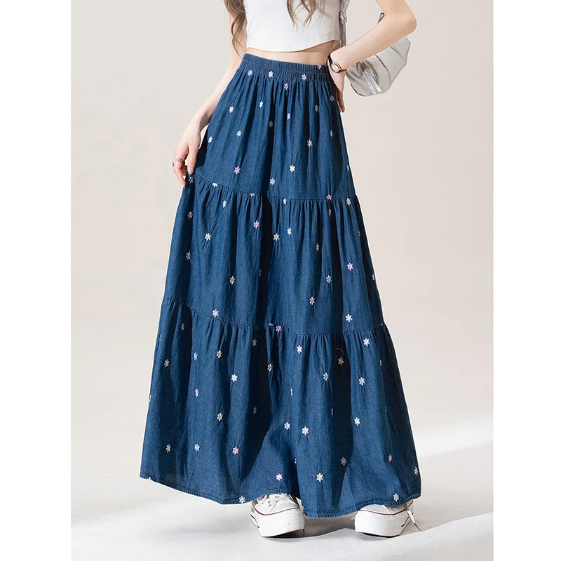

Korean Style 26 New Arrival Spring/summer Women Casual Floral Embroidery A-line Skirt Loose Cotton Denim Ankle-length Skirts T98