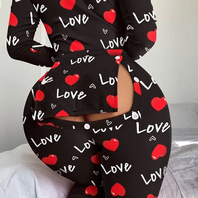 Home Jumpsuit Women 2024 Heart Letter Print Functional Buttoned Flap Sleep Onesie High Waist Slim Fit Long Conjoined Body Pants