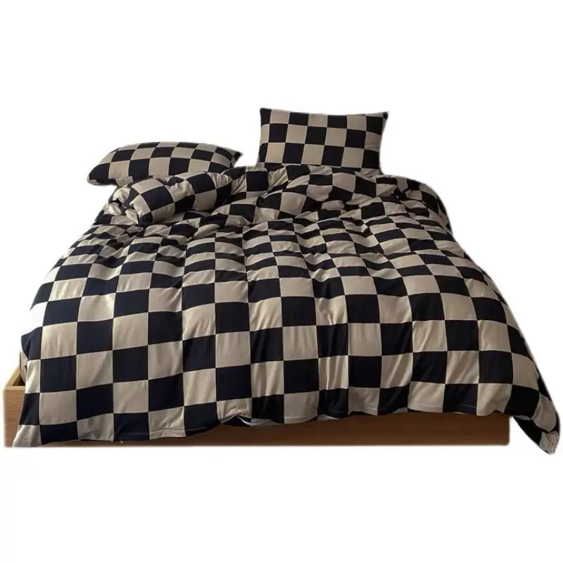 【 Black Tea 】 Chessboard Pattern Simple and Niche Knitted Cotton Four Piece Bed Sheet Set