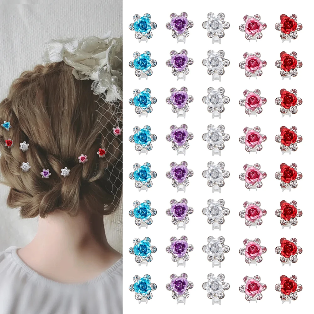 40Pcs Mini Rhinestone Hair Clips Flower Iron Hair Fastener Cute Hair Clips Colorful Barrettes Floral Pins Decorative Wedding