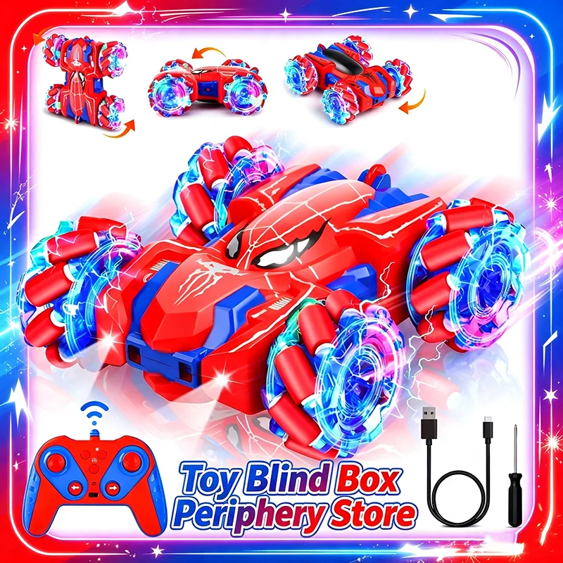 Spider Themed RC Stunt Car, 2.4G 4WD Double-Sided Drift Vehicle with LED Lights, 360° Rotatable RC Car for Indoor & Outdoor Play