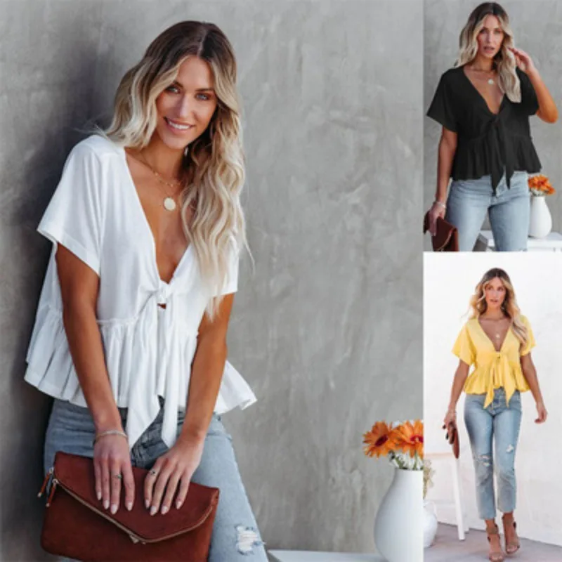 Summer new women's solid color chiffon loose short sleeve strap ruffled top