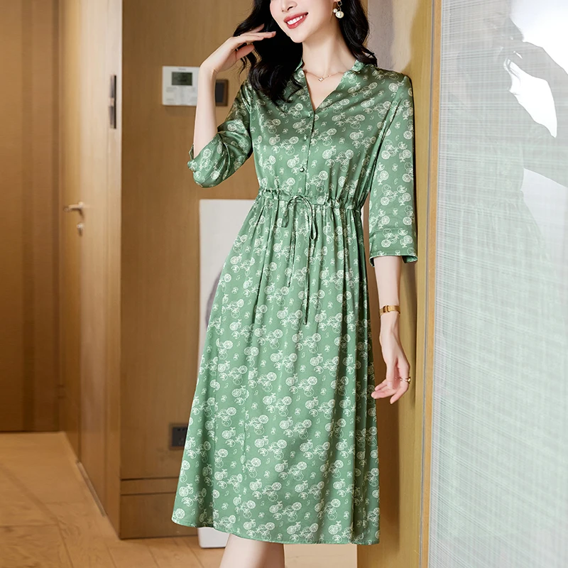 Summer Autumn Women's Long Dress 19mm Real Silk Satin Elegant Fashion Dresses For Women V-neck Three Quarter Sleeve Print Dress