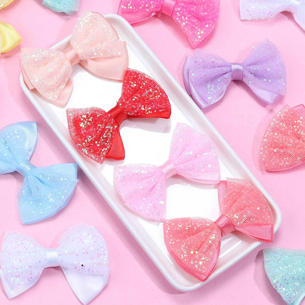 

10Pcs/pack 5.8X4cm Gauze Ribbon Bows Colorful Double Layer Cute Sequin Bowknots for DIY Crafts Hairpin Garment Decor Accessories