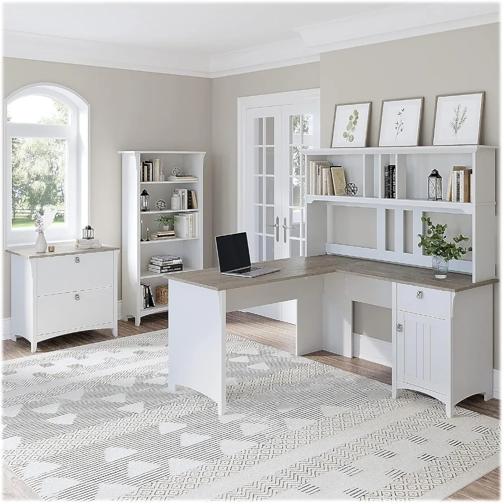 

Salinas 60W L Shaped Desk with Hutch, Lateral File Cabinet and 5 Shelf Bookcase in Pure White and Shiplap Gray