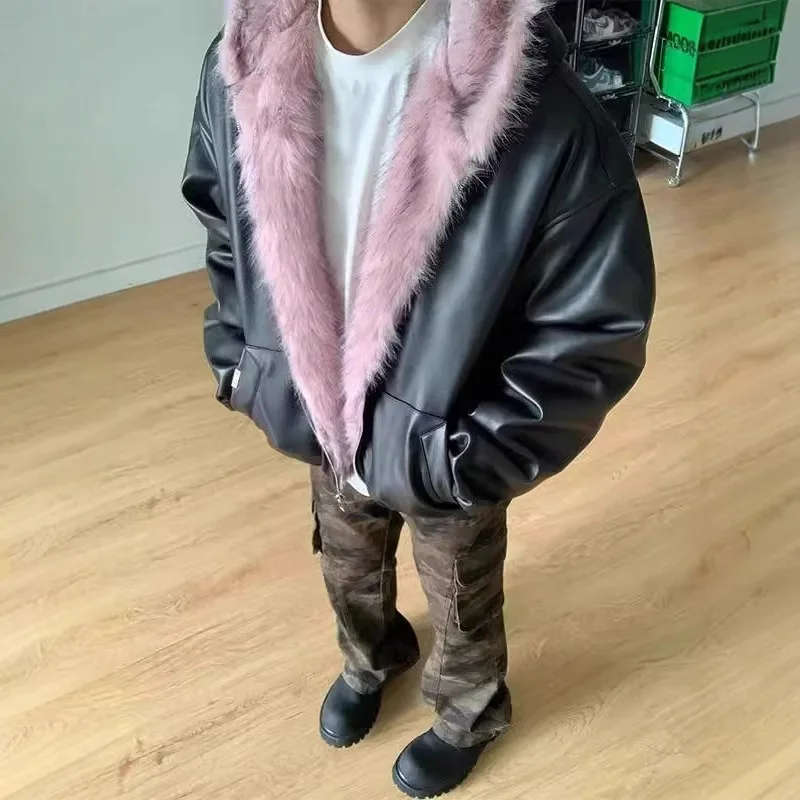 

Padded Parka with Faux Fur Hood, PU Leather Trim, Unisex Winter Coat, Thick Warm Lining, Fashion Hooded Jacket