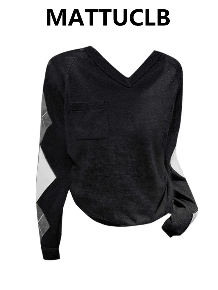 

Winter Women's Jerseys Contrast Color Pullovers V-Neck Cuddly Sweater Long Sleeve Knitwear Jumper 2000s Christmas Oversized New