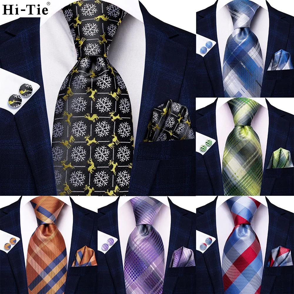 

Black White Silk Ties For Men 2022 Classic Plaid Check Business Wedding Mens Neck Tie Handkerchief Cufflinks Gift For Men Hi-Tie