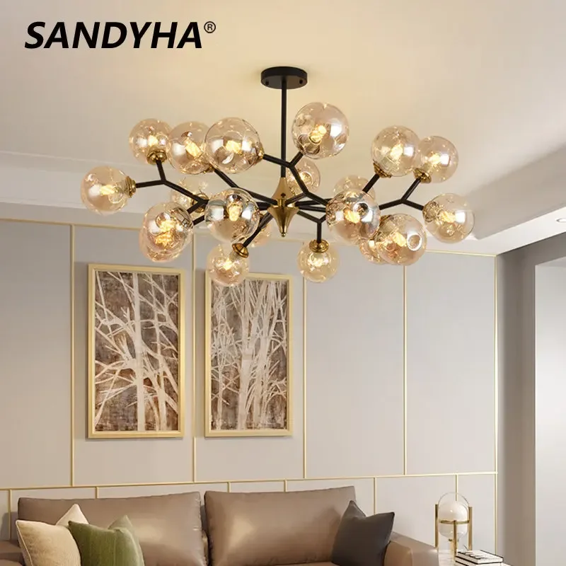 SANDYHA Luxury Golden Glass Ball Chandeliers Modern Hanging Lighting Fixtures for Kitchen Dining
