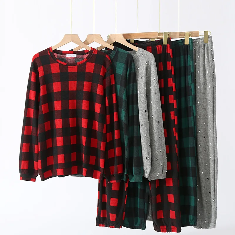 2024 Spring Autumn Female Casual Plaid Pajama Sets Ladies Waffle Cotton Sleepwear Suit Women Long Sleeve T Shirt  & Pants