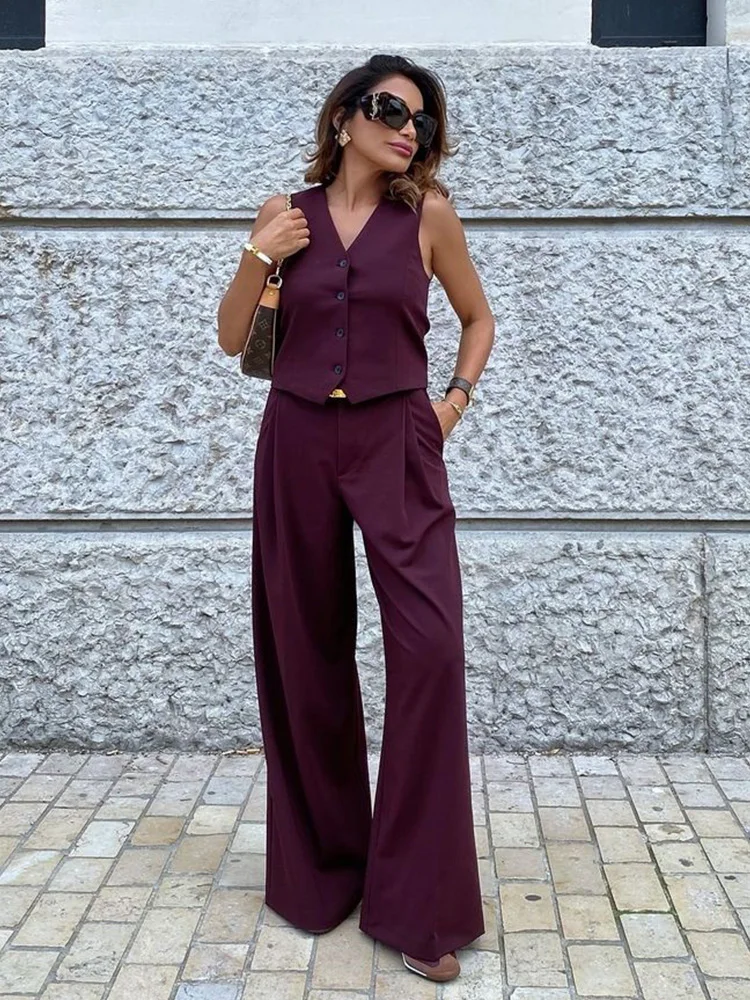 Foridol Burgundy Vest+pants Set Outfits Women Autumn Winter Casual Matching Set 2024 Chic Trends Color Wide Leg Pant Suit