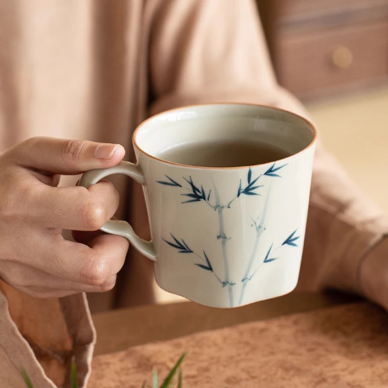 Chinese Style Ceramic Gift Cute Mug, Home Personal Office Creative Hand Drawn Bamboo Patterns, Milk Water Coffee Cup, 200ml, 1Pc