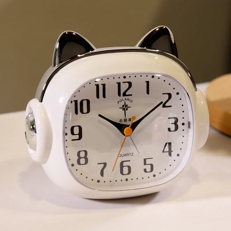 Quartz Cute Cat Ear Alarm Clock with Night Light Home Use Desktop Display Silent Sweep Snooze Bedside Decoration Alarm Clock