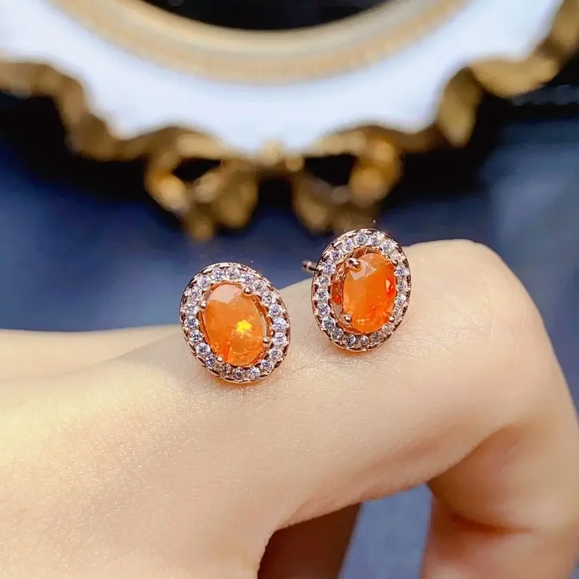 

4x6mm Natural Orange Opal Gemstone Sun Flower Stud Earrings for Women Real 925 Sterling Silver Charm Fine Wedding Jewelry