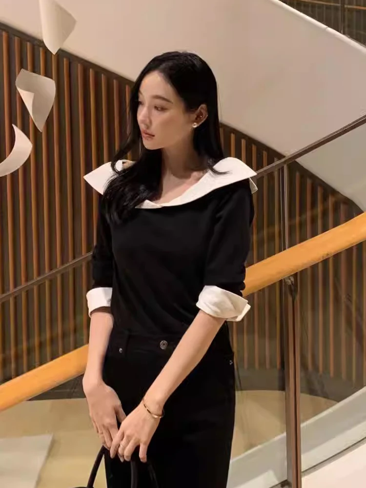 Chique herfst-winter gebreide lange Sve-top met kantontwerp Kleur Blo Fake tweedelig losvallend woon-werkverkeer Normale lengte