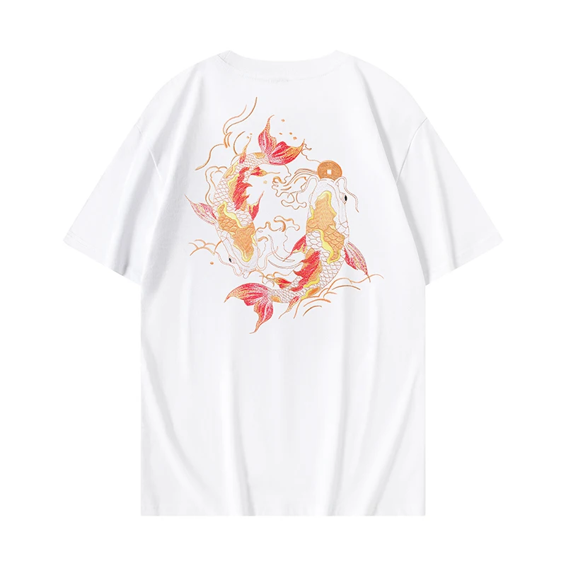 Mens Summer T Shirts Casual Carp Embroidery T Shirt Chinese Cotton Short Sleeve Tees Tops Harajuku Streetwear Men Clothing 2024