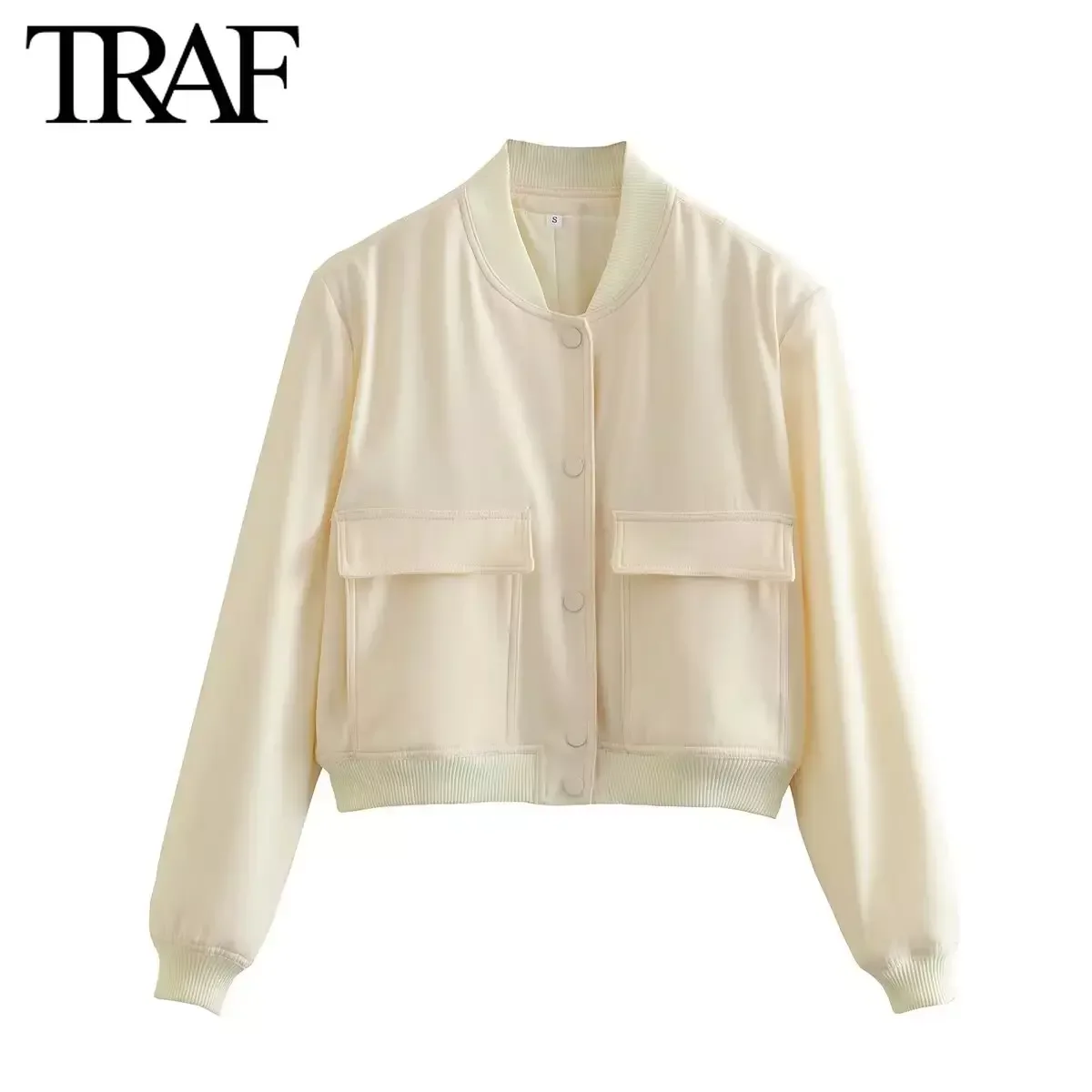 TRAF Women Fashion New Loose Flap Pocket Pilot Jacket Long-sleeved Single-breasted Stand Collar Short Coats Chic Female Tops