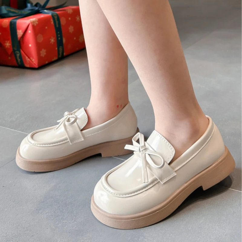 2024 Kids Leather Shoe Causal Versatile Beige Black School Girl Shoes Fashion Spring Autumn Non-slip Children Princess Loafers