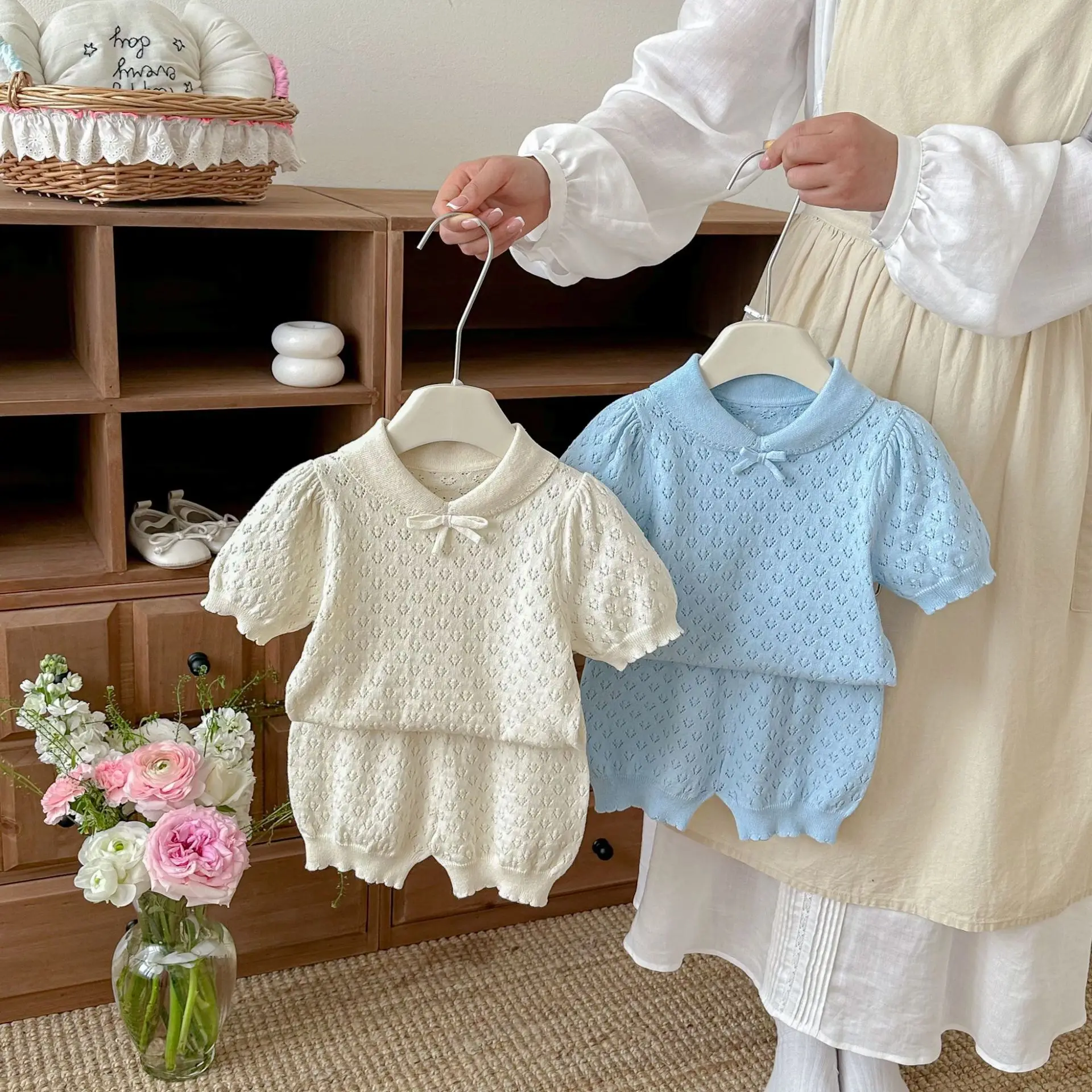 

2026 Summer New Baby Short Sleeve Clothes Set Girls Hollowed Out Knitted Tops + Shorts 2pcs Suit Thin Fashion Toddler Outfits