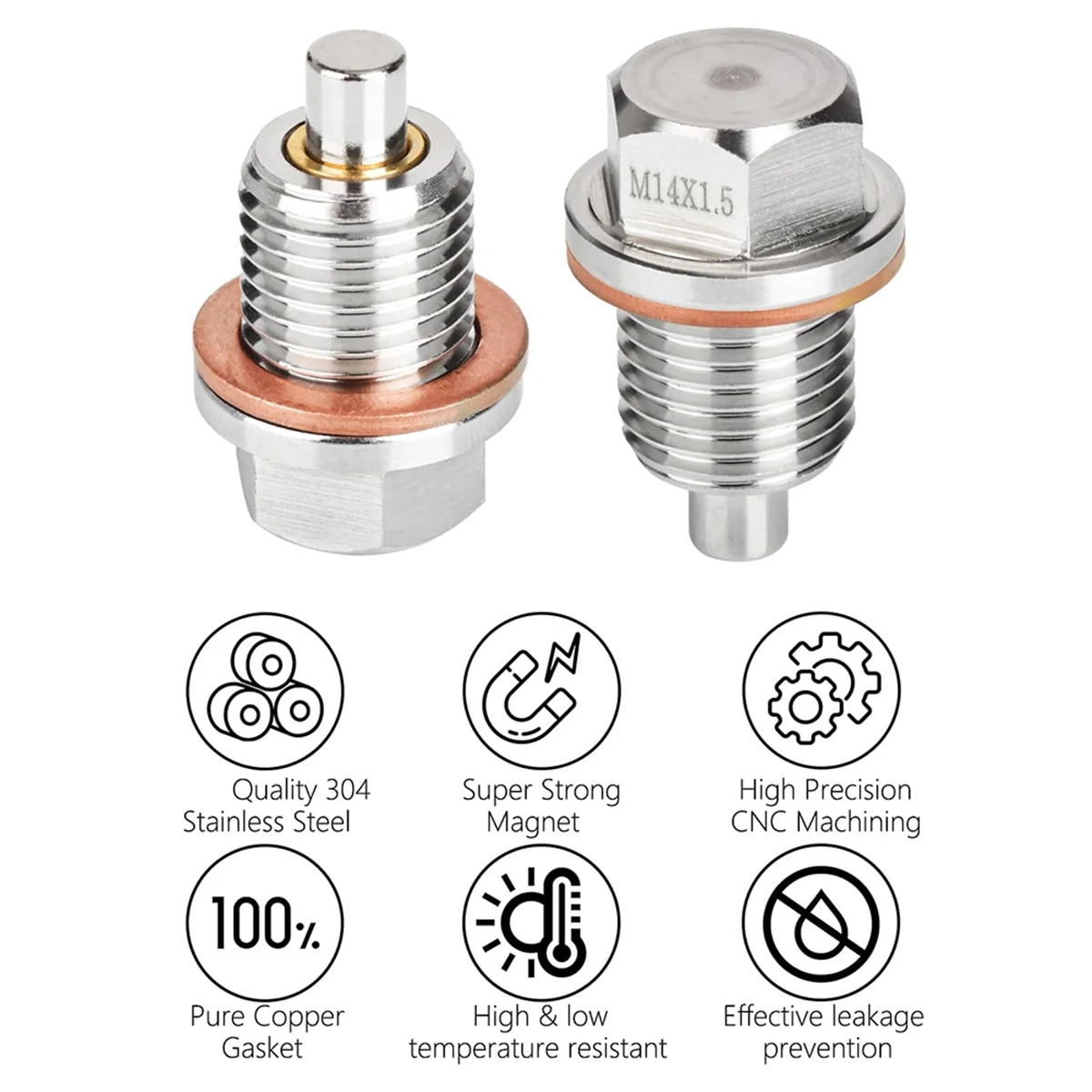 ABZV-Bujón de drenaje de aceite magnético M14 X 1,5 MM 2 uds, tapones de drenaje de aceite de motor de acero inoxidable con 2 uds junta de cobre antifugas