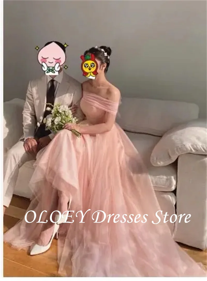 

OLOEY Fairy Pink Soft Tulle Wedding Dresses Photo shoot Bolero A Line Prom Gowns Bride Dress Customized Elegant