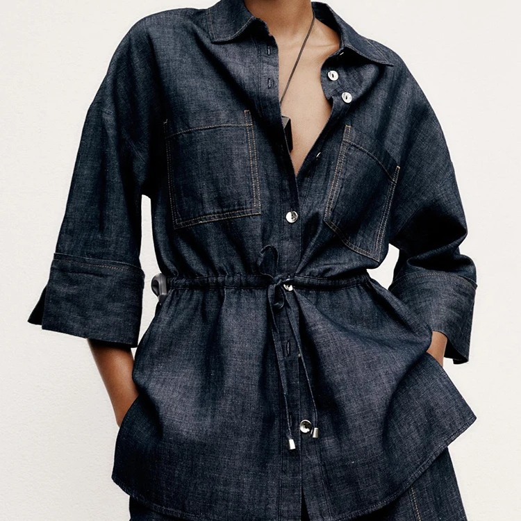 

Faionable Hunting irt And Long Pants Set для женщин Z Брендовая полиэфирная ткань Long Sve на пуговицах Свободный крой Four Sea...