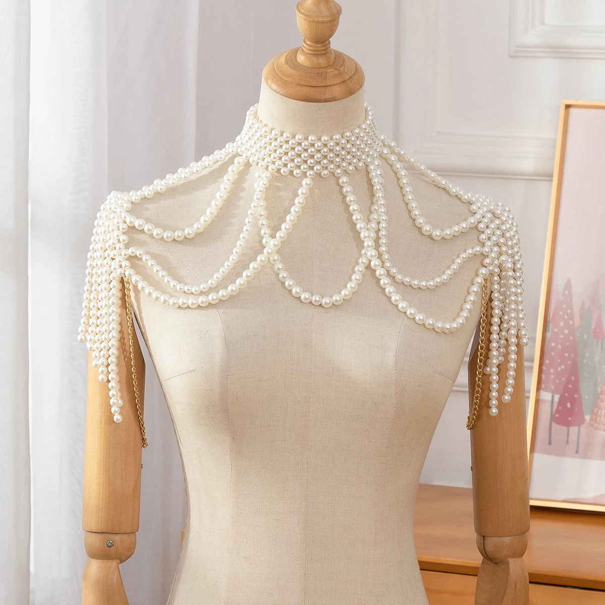 سلسلة كتف لؤلؤية مجوهرات تصميم علامة تجارية كبيرة لحفلات الزفاف وقلادة كبيرة وسلسلة كتف لحفلات الزفاف