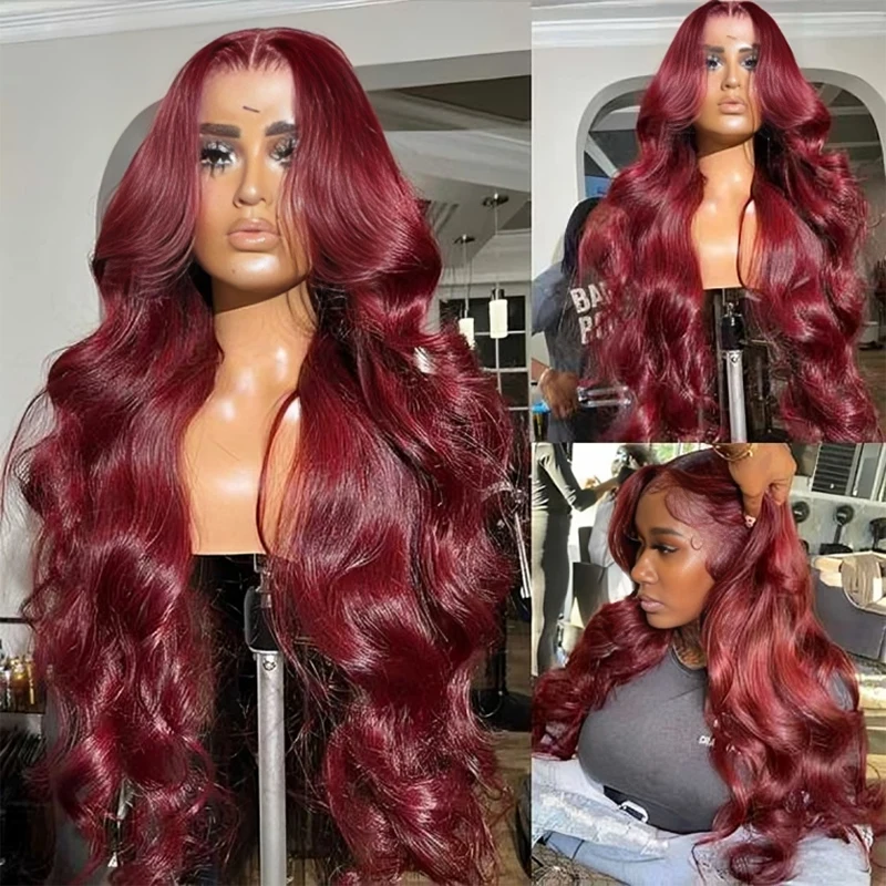 

30 Inch 99j Burgundy Body Wave Lace Front Human Hair Wig Colored Glueless Hair Wigs For Women Red 13x4 13x6 Hd Lace Frontal Wig