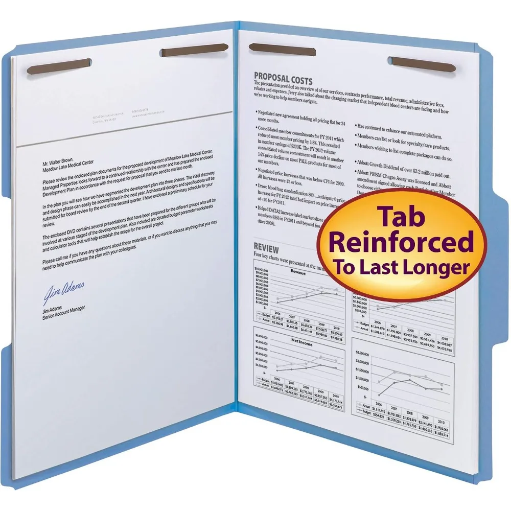 Reinforced 1/3-Cut Tab File Folders, Letter Size, Blue, 21 Pack - 2 Fasteners Each