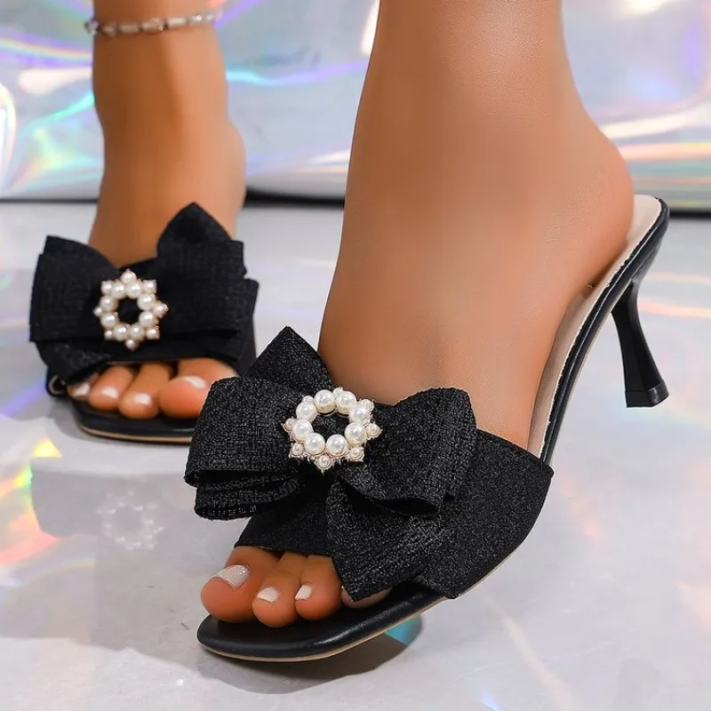 Fashion Women Pearl‑Accent Bow Heel Slides 7CM Stiletto Heel Square Toe Glitter Upper Backless Slip‑On Party Evening Footwear