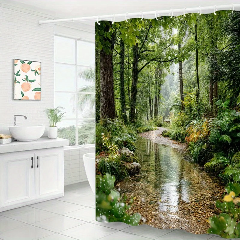 Realistic Green Forest Stream Nature Landscape Print Shower Curtain Waterproof Mildew Resistant With Plastic Hooks Easy Install