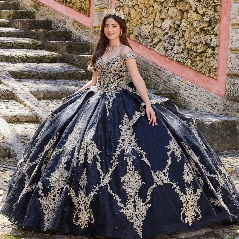 ANGELSBRIDEP-vestido de baile com apliques dourados, lantejoulas frisadas, espartilho com renda, vestidos de baile, vestidos Quinceanera, 15 anos, preto