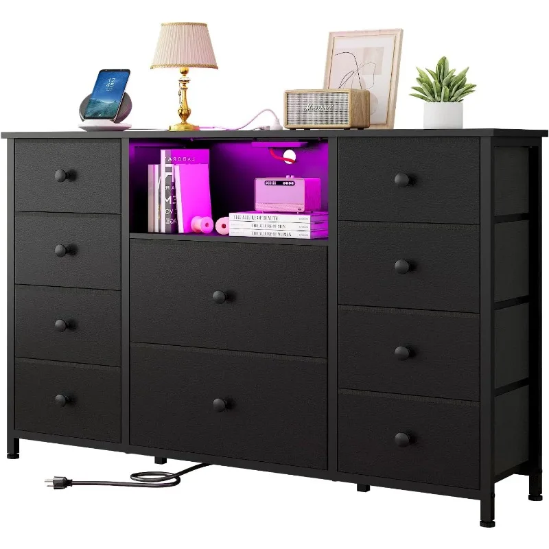 Dresser with Charging Station and LED Lights, Long Dresser for Bedroom Dresser TV Stand with 10 Drawers, Fabric Chest of Drawers