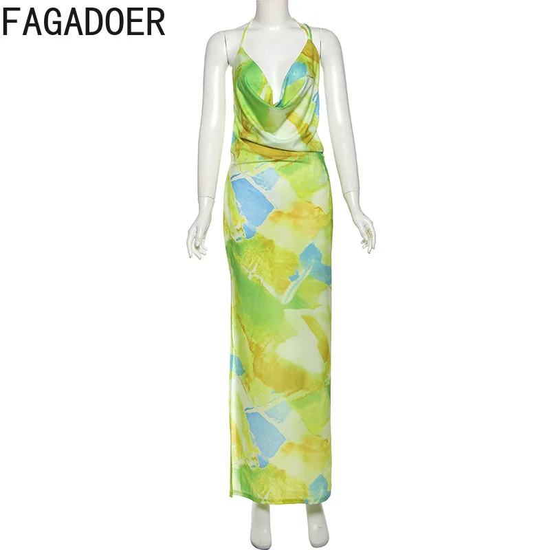 FAGADOER Y2K Sexy multicolore impression robe moulante femmes Spaghetti sangle sans manches dos nu robes femme discothèque robes