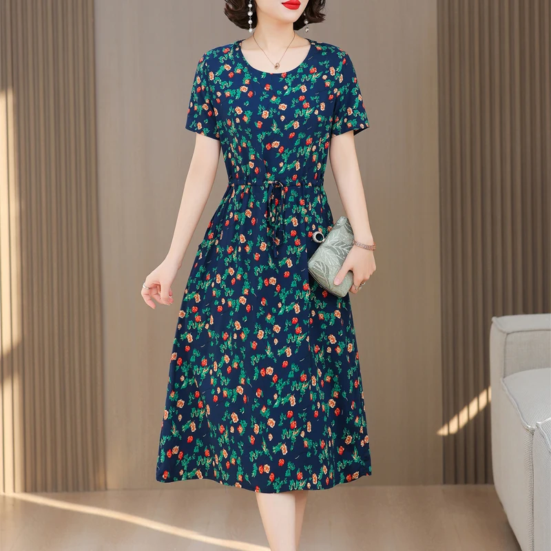 New women print dresses vintage short sleeve cotton Large Size Cute Refined Noble Trend Summer Dress