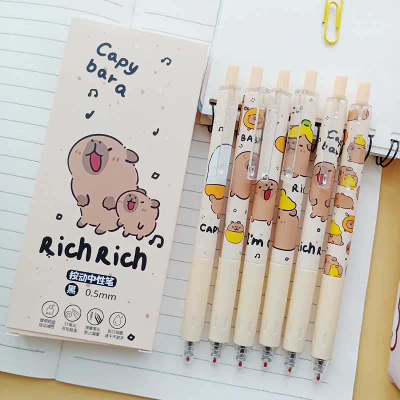 6pcs Kawaii Capybara Gel Pen Quick-Drying Black Ink Writing Smooth School Supplies Aesthetic Pens Cute Korean Stationery