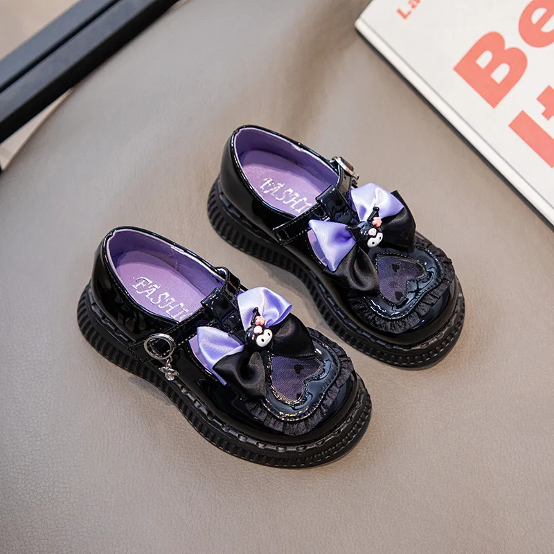 Girls Leather Shoes for Party Wedding Kids Cartoon Sanrio Kuromi Princess Shoes T-Strap Fashion Children School Flats Bowtie New