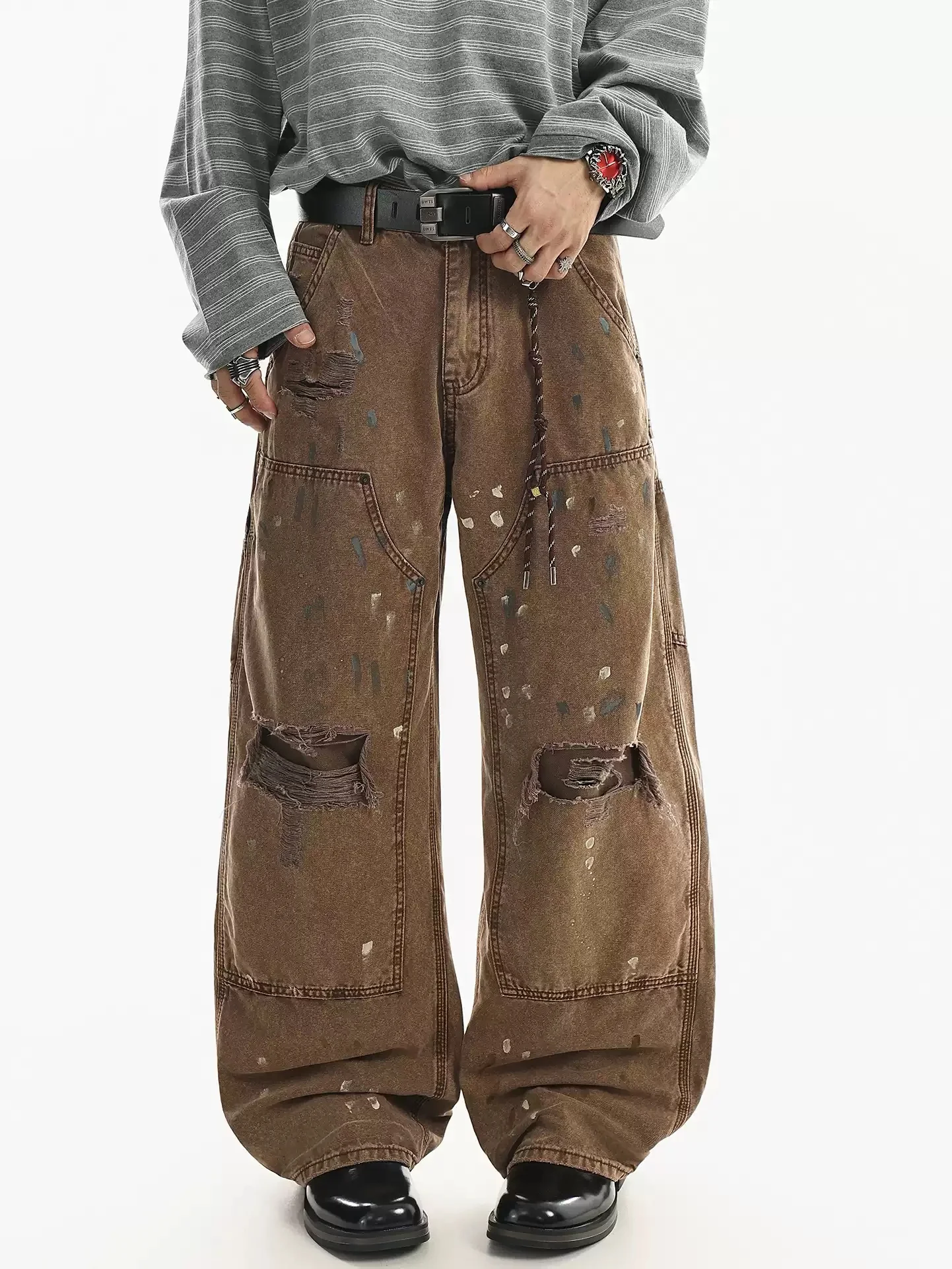 

American Style Fashionable Brand Retro Hole Jeans For Man Handsome High Street Distressed Loose Straight Wide Leg Pants