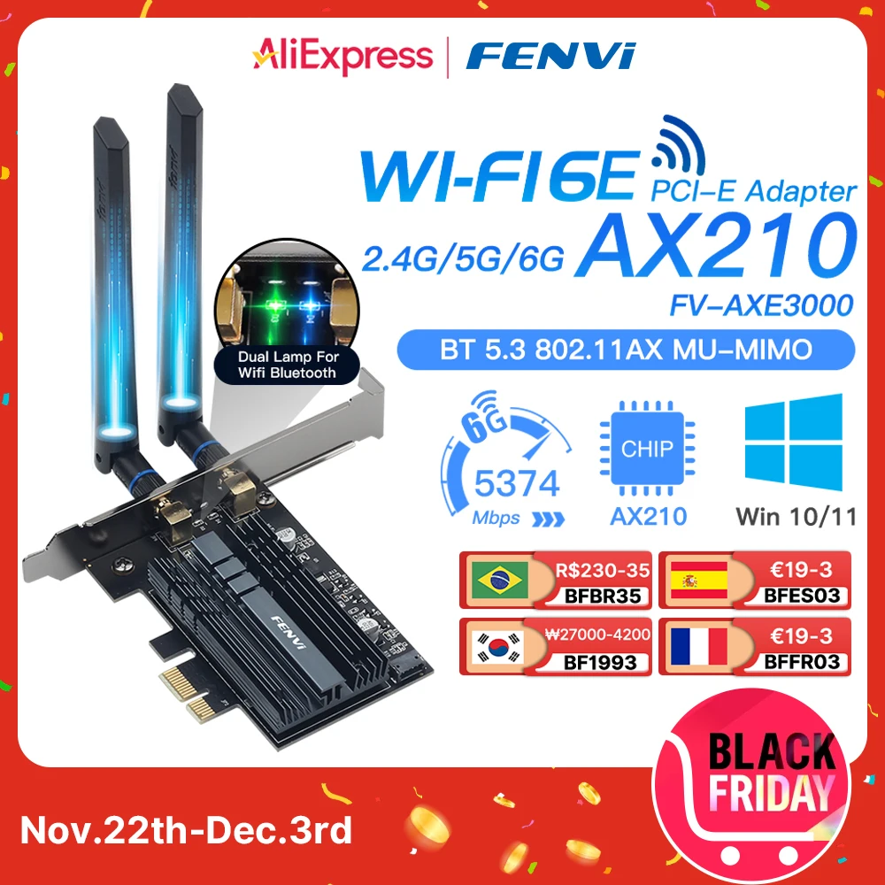 Fenvi 5374Mbps WiFi 6E for Intel AX210 PCIe Wireless WiFi Adapter 2.4G/5G/6Ghz 802.11AX For Bluetooth 5.3 AX200 WiFi 6 Card PC