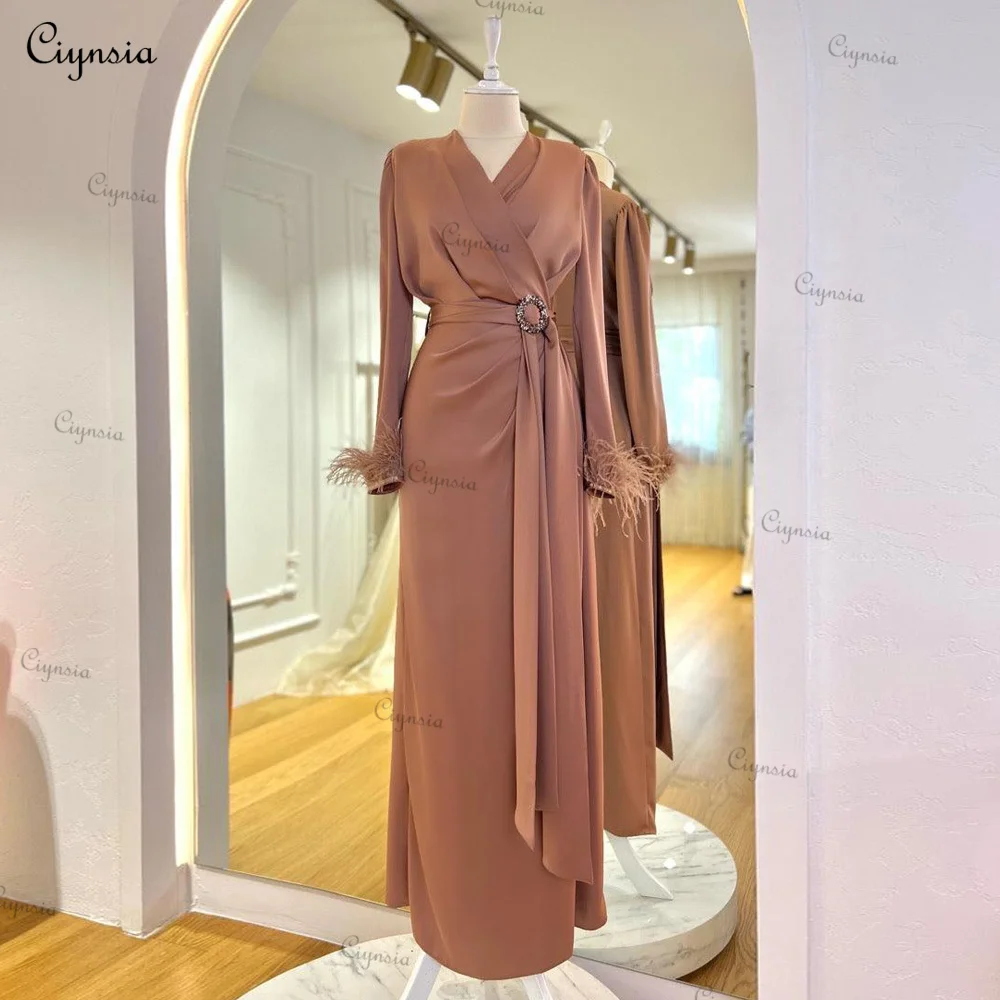 

Ciynsia Elegant Islamic Women Formal Dress Long Sleeve Robes De Soirée Muslim Dubai Luxury Evening Dress with Feathers Abiye