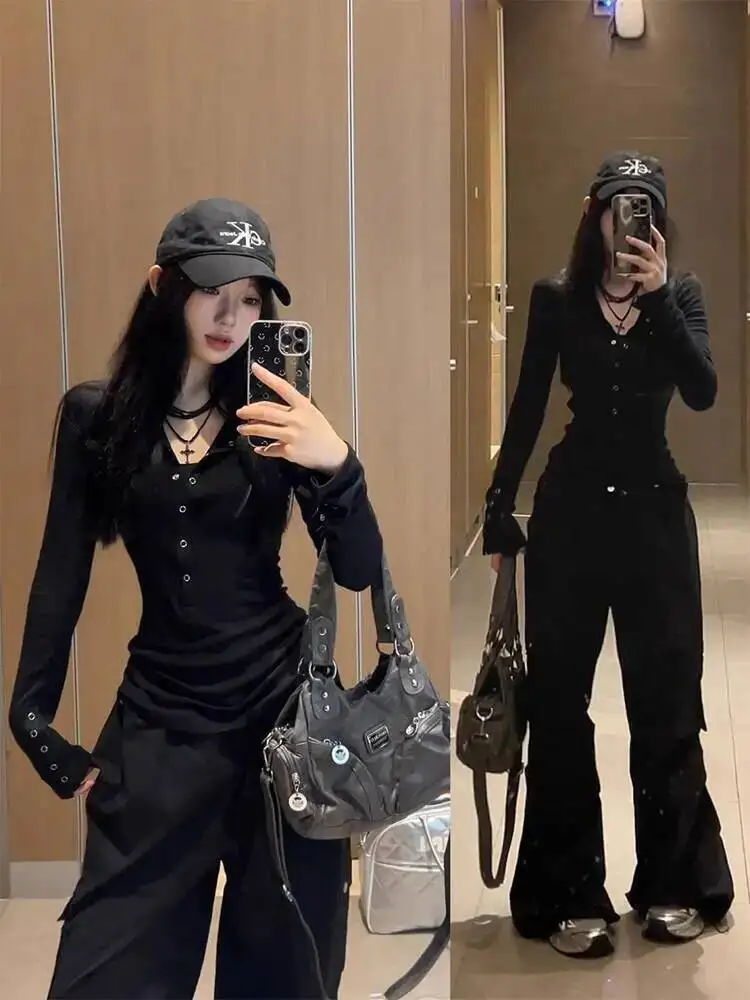 Damska warstwa bazowa 2025 Jesień Nowa elegancka koszulka damska z dekoltem w serek, długi rękaw, dopasowany krój, styl seksowny, wyszczuplająca bluzka bazowa